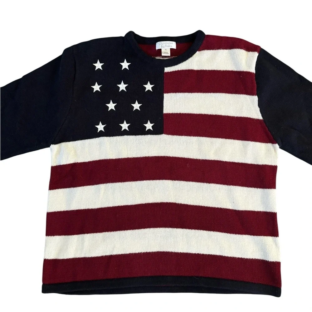 VTG Stars Stripes Cotton Blend Crew Neck Sweater XL 3/4 Sleeve Red White Navy
